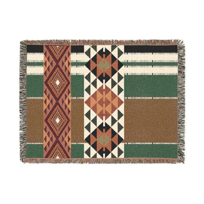 Woven blanket with geometric pattern on a white background