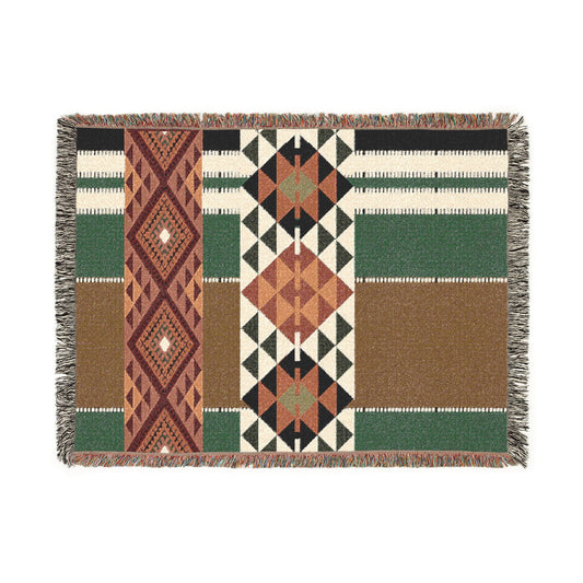 Woven blanket with geometric pattern on a white background