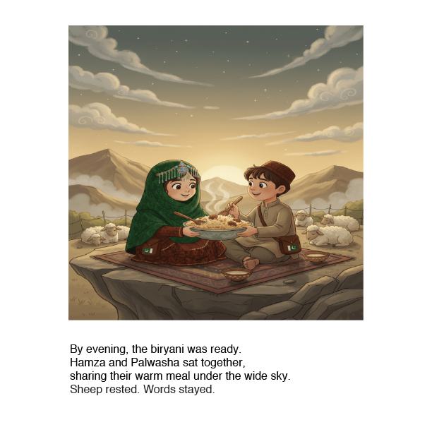 Illustration of two children sharing a meal under a starry sky with sheep in the background.