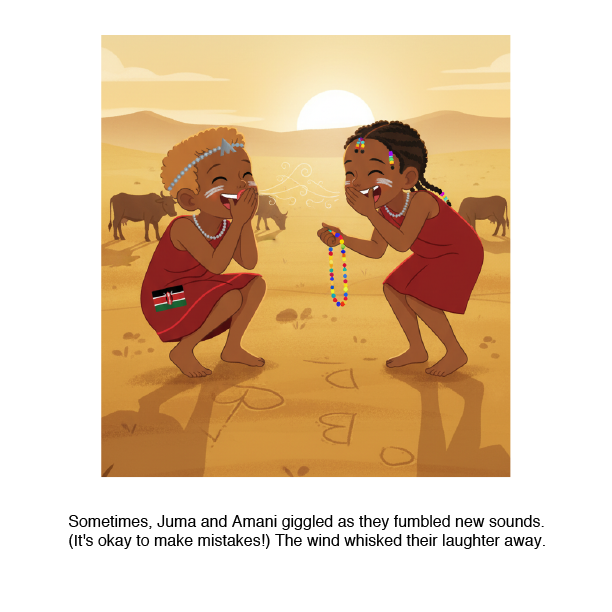 Illustration of two children playing in a desert with text about laughter and mistakes.