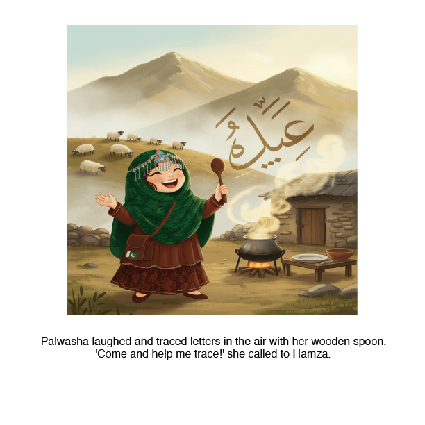 Illustration of a character in a green headscarf and brown dress with a wooden spoon, set against a mountainous landscape with sheep and a stone building.