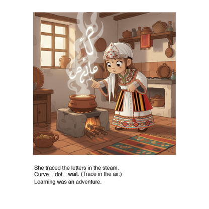 Illustration of a child in traditional attire standing by a pot with steam, in a kitchen setting.