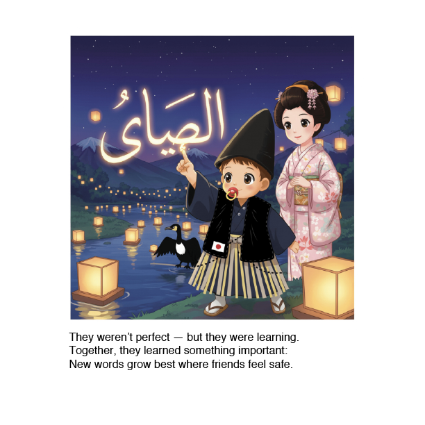 Illustration of two characters by a lake with lanterns and a mountain, with Arabic text above them.