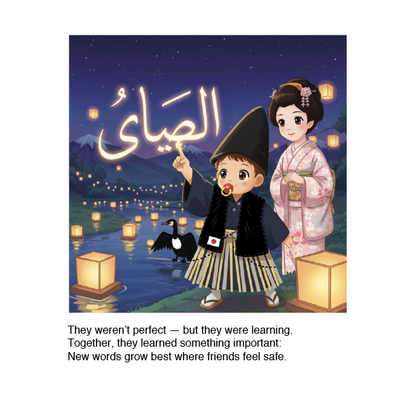Illustration of two characters by a lake with lanterns and a mountain, with Arabic text above them.