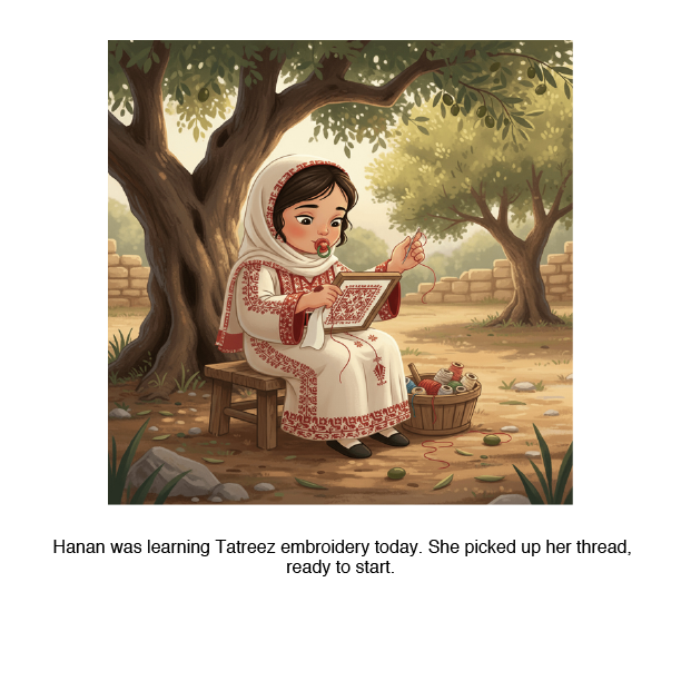 Illustration of a girl in traditional clothing learning Tatreez embroidery outdoors.
