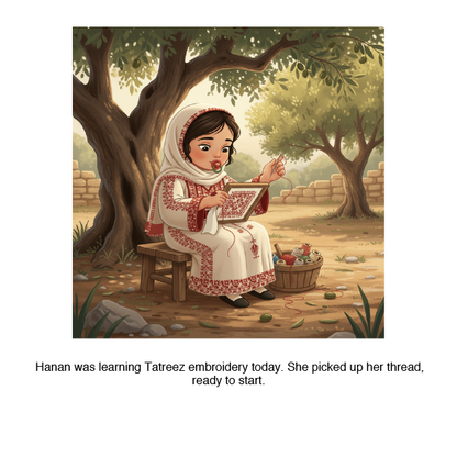 Illustration of a girl in traditional clothing learning Tatreez embroidery outdoors.