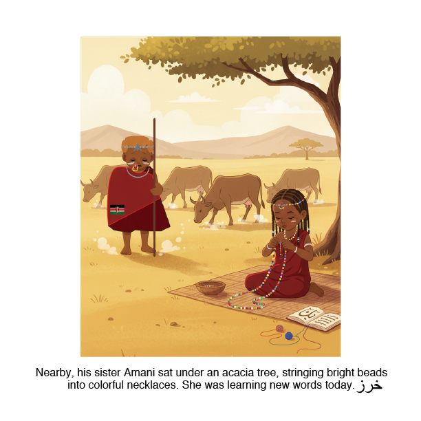 Illustration of two children in a desert landscape with cows, one standing and one sitting under an acacia tree.