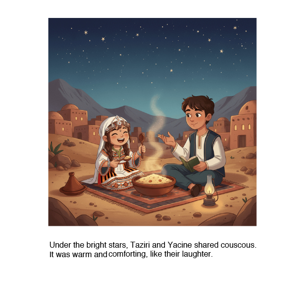 Illustration of two people sharing couscous under a starry sky with mountains in the background.