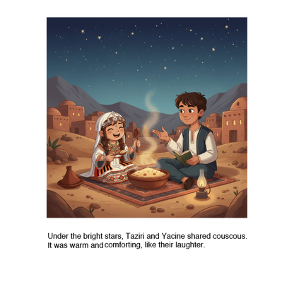 Illustration of two people sharing couscous under a starry sky with mountains in the background.